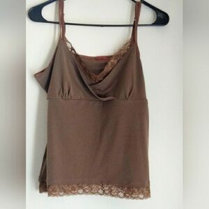 Cami Women 12/14 Brown Lace Trim Top Elegant Academia Layering Tank Top Delicate